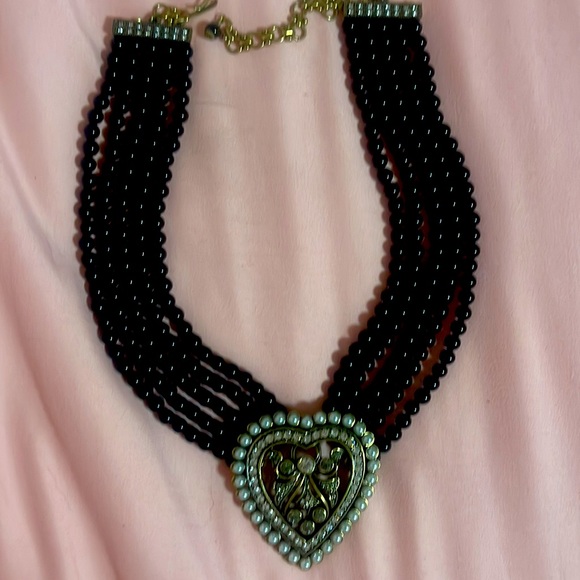 Retired Heidi Daus Black Onyx Bead Necklace with Pearl and Crystal Heart - Picture 7 of 9